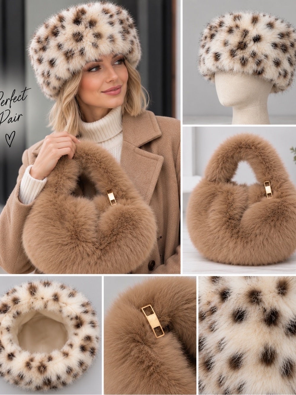 NEW: Faux Fur Shoulder Bag in Camel with faux fur hat set